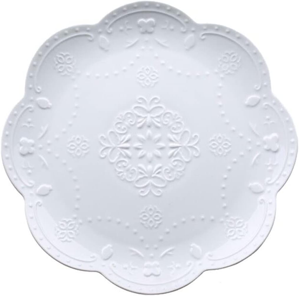 Elegant Round Embossed Lace Plate, Ceramic Serving Plate for Breakfast Afternoon Tea (White, 6-inch)