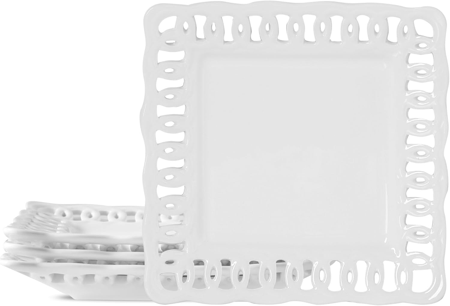 Square Appetizer Plate, Set of 4, 8 inch Ceramic White Dinner Plates with Lace Rim, Small for Cake Snacks Dessert Steak Bread Butter Canape Luncheon Side Dish at Home Hotel and Restaruant, Stackable
