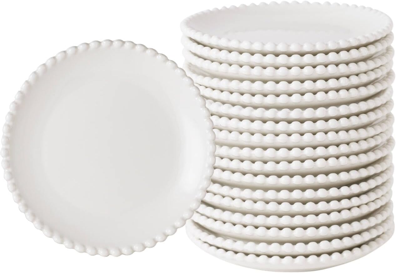 5.5 Inch Porcelain Dessert Plates Set of 18, Small Ceramic Appetizer Plates, Round Mini Dinnerware Sets, Scratch Resistant, Microwave, Oven, and Dishwasher Safe, White with Pearl Dots