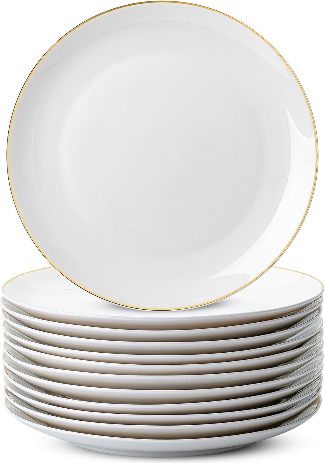 White Porcelain Dinner Plates, Set of 12, 10.5" Gold Rimmed, Classic Style, Formal Dining
