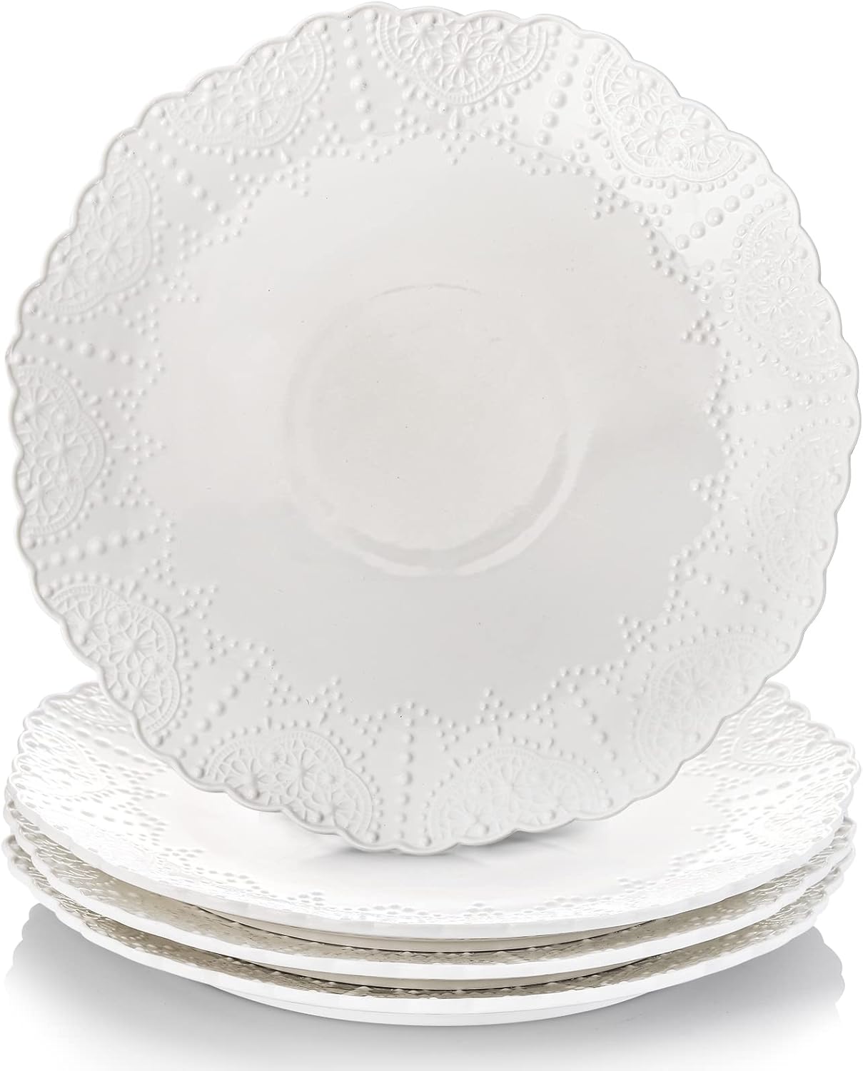 4 Pack Ceramic Dinner Plates, Large Porcelain Serving Dish, 11.5 In White Round Salad Dessert Plate for Restaurant, Kitchen, Party, Microwave Dishwasher Oven Safe, Embossed Lace Pattern