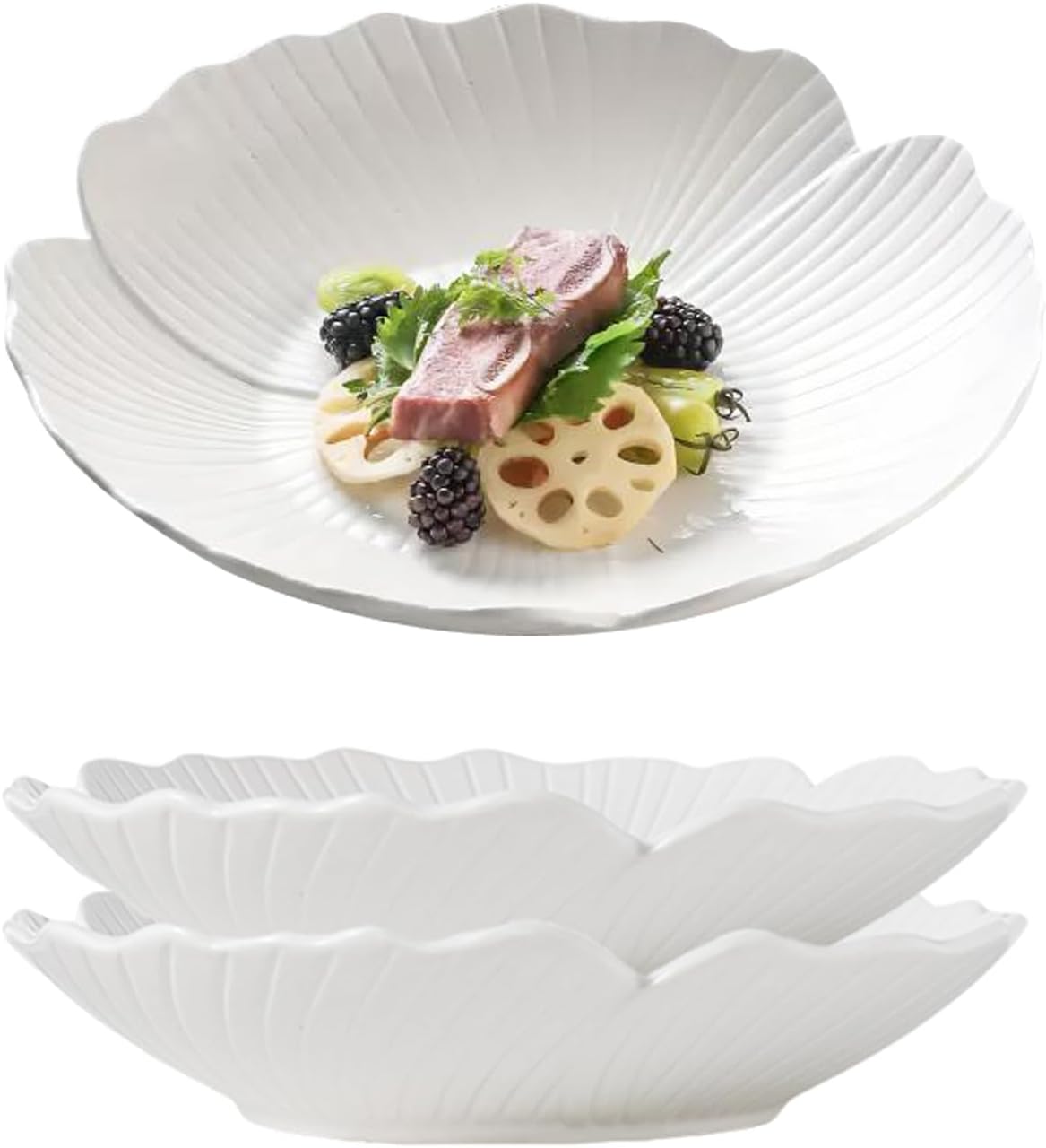 Set of 3-Japanese Style Flower Petal Shaped Porcelain Dinner Plates, Versatile Circular Serving Plates for Breakfast, Salad, Steak Dinner, PL019 (10 Inches, White)