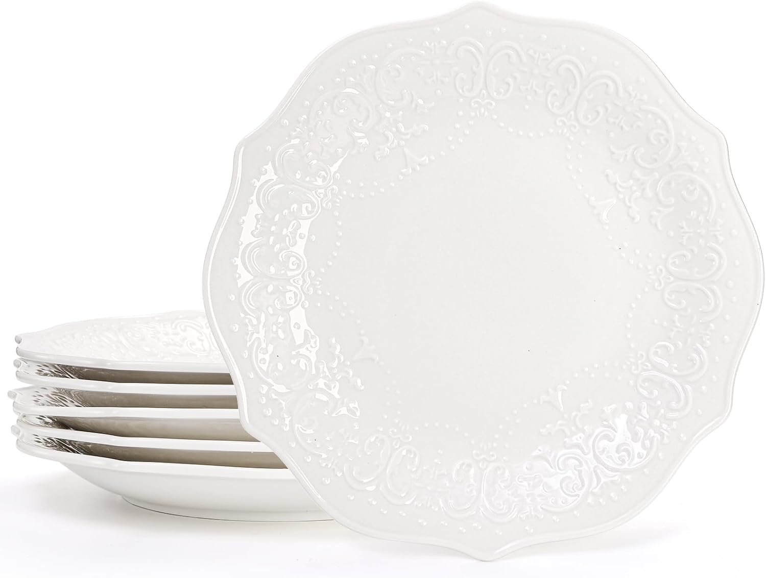 Set of 6 Porcelain Dinner Plate, 10'' Embossed Salad Plates, White Dessert Serving Plates for Steak Appetizer, Kitchen Plates for Restaurant, Family Party, Dishwasher Microwave Safe