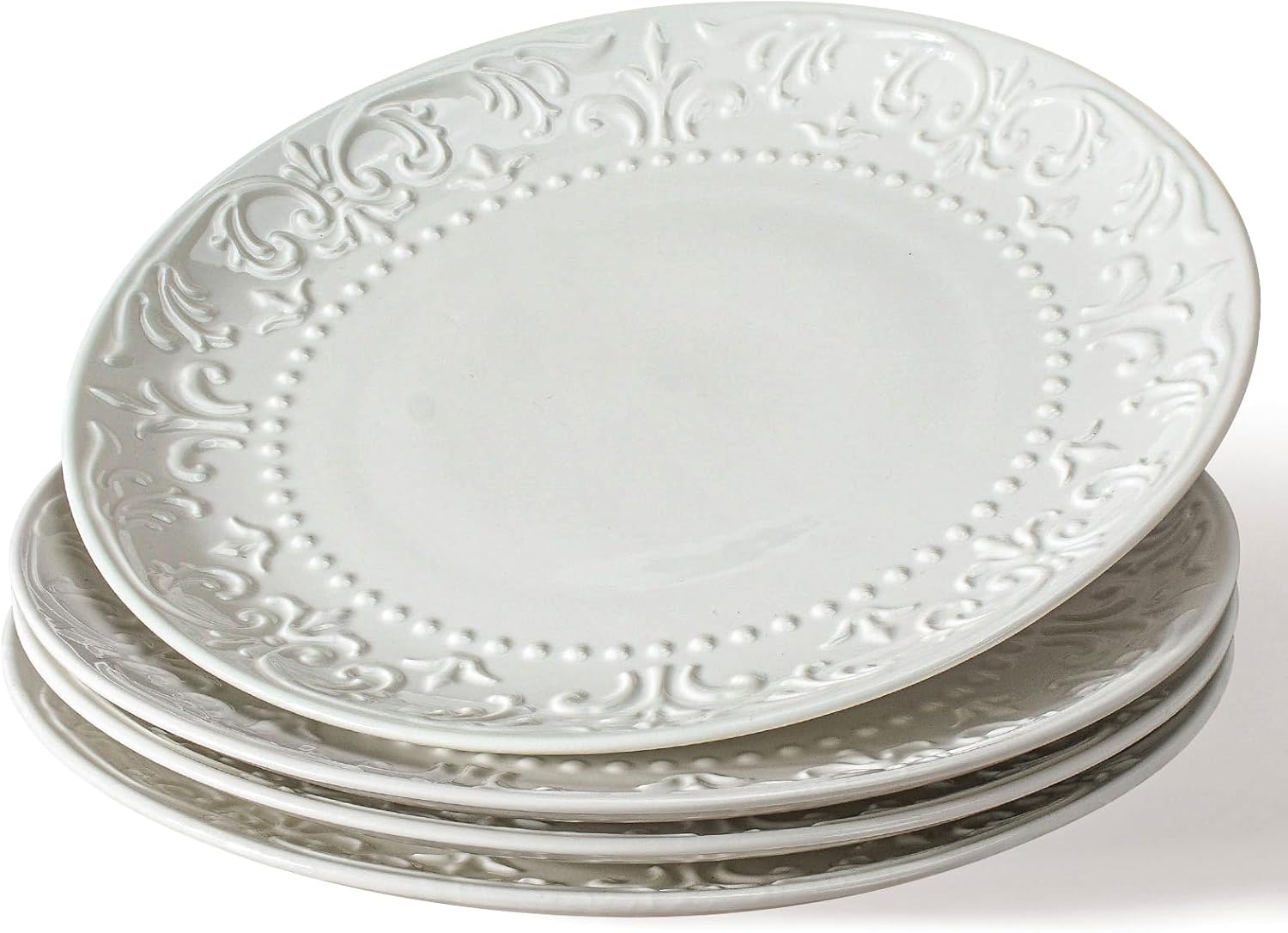 Large Dinner Plates Set of 4-10.75 Inch Ceramic Plates Embossed Salad Plates Modern White Round Serving Dishes for Kitchen - Microwave, Oven and Dishwasher Safe (Brocade Flower)