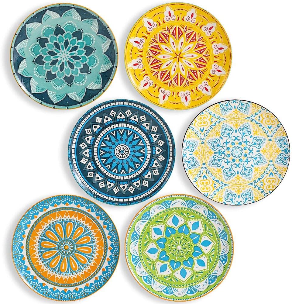 Dinner Plates Ceramic Plate Set - 10 Inch Large Porcelain Round Plate Sets of 6 - Flat Colorful Pattern Dining Plates for Kitchen | Family - Dishwasher | Microwave | Oven Safe