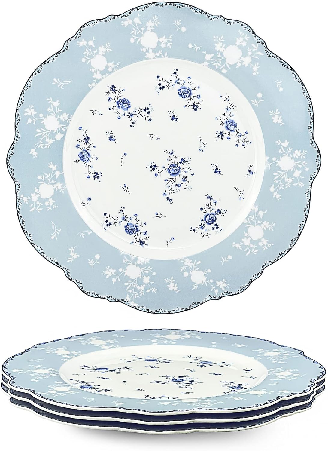 fanquare 10 Inch Porcelain Dinner Plates Set of 4, Lace Dishes Set for Salad, Pasta, Soup, Dessert, Blue Roses