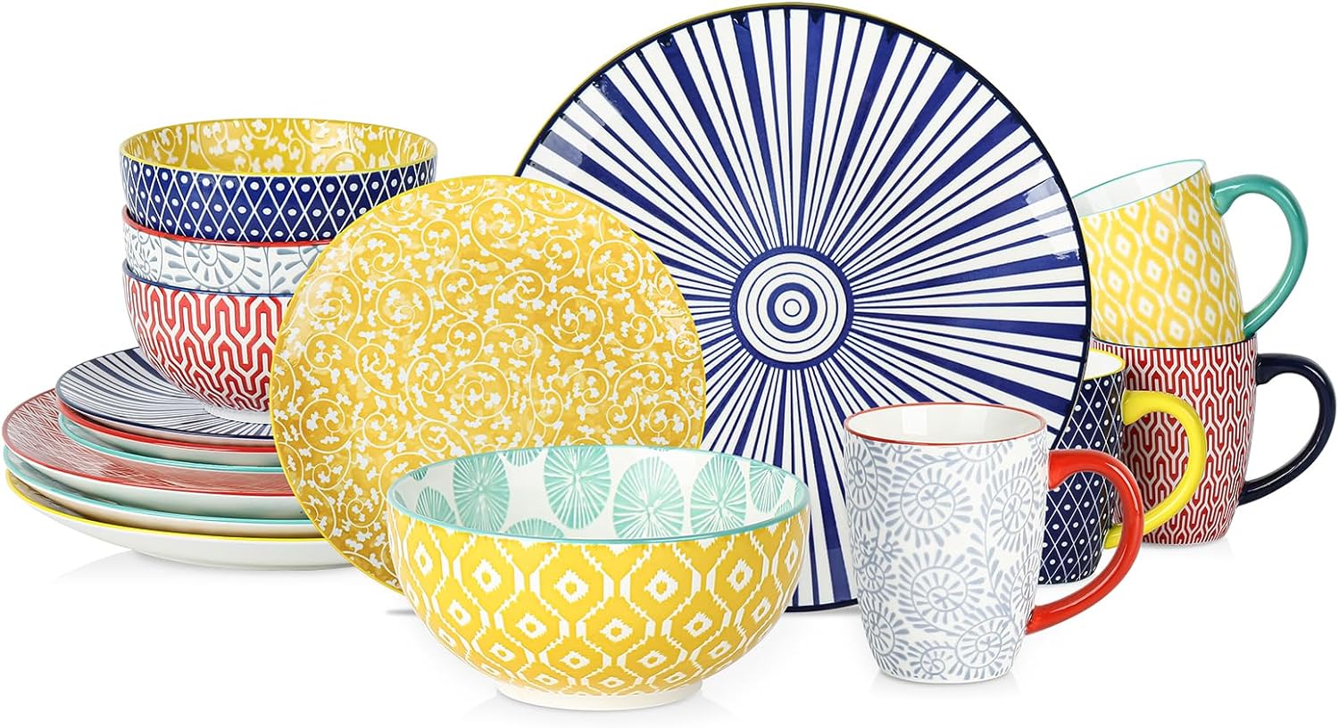 Ceramic Dinnerware Sets for 4, 16 Pieces Plates and Bowls Sets, Dishes set for 4-Chip and Scratch Resistant, Dishwasher&Microwave Safe, Assorted Colors