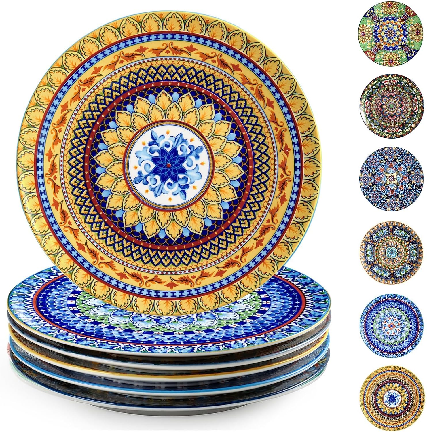 Dinner Plates Set of 6, 10.5 Inch Ceramic Plates, Microwave, Oven and Dishwasher Safe, Colorful Bohemian Style Dishes for Kitchen