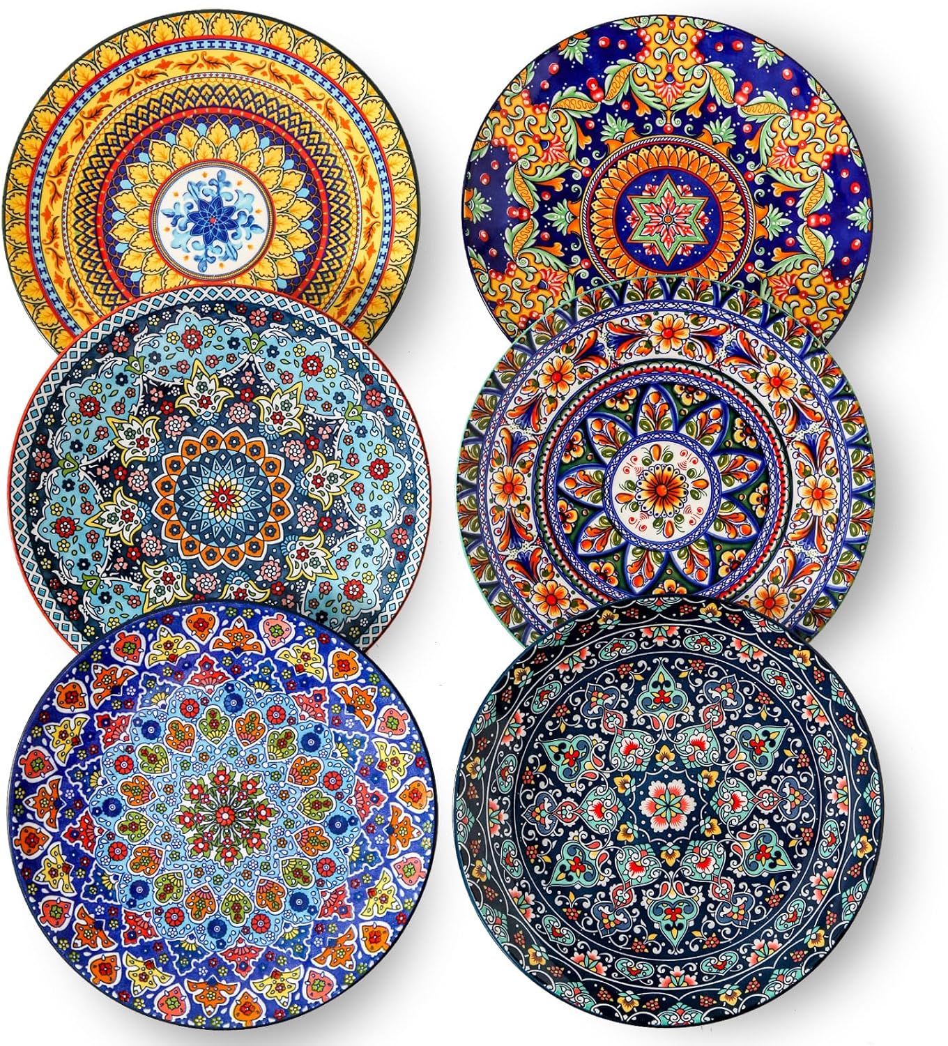 Dinner Plates, 10.5 Inch Ceramic Plates Set of 6 for Steak, Snacks, Pizza, Cake, Colorful Serving Dishes for Kitchen, Microwave, Oven & Dishwasher Safe, Bohemian