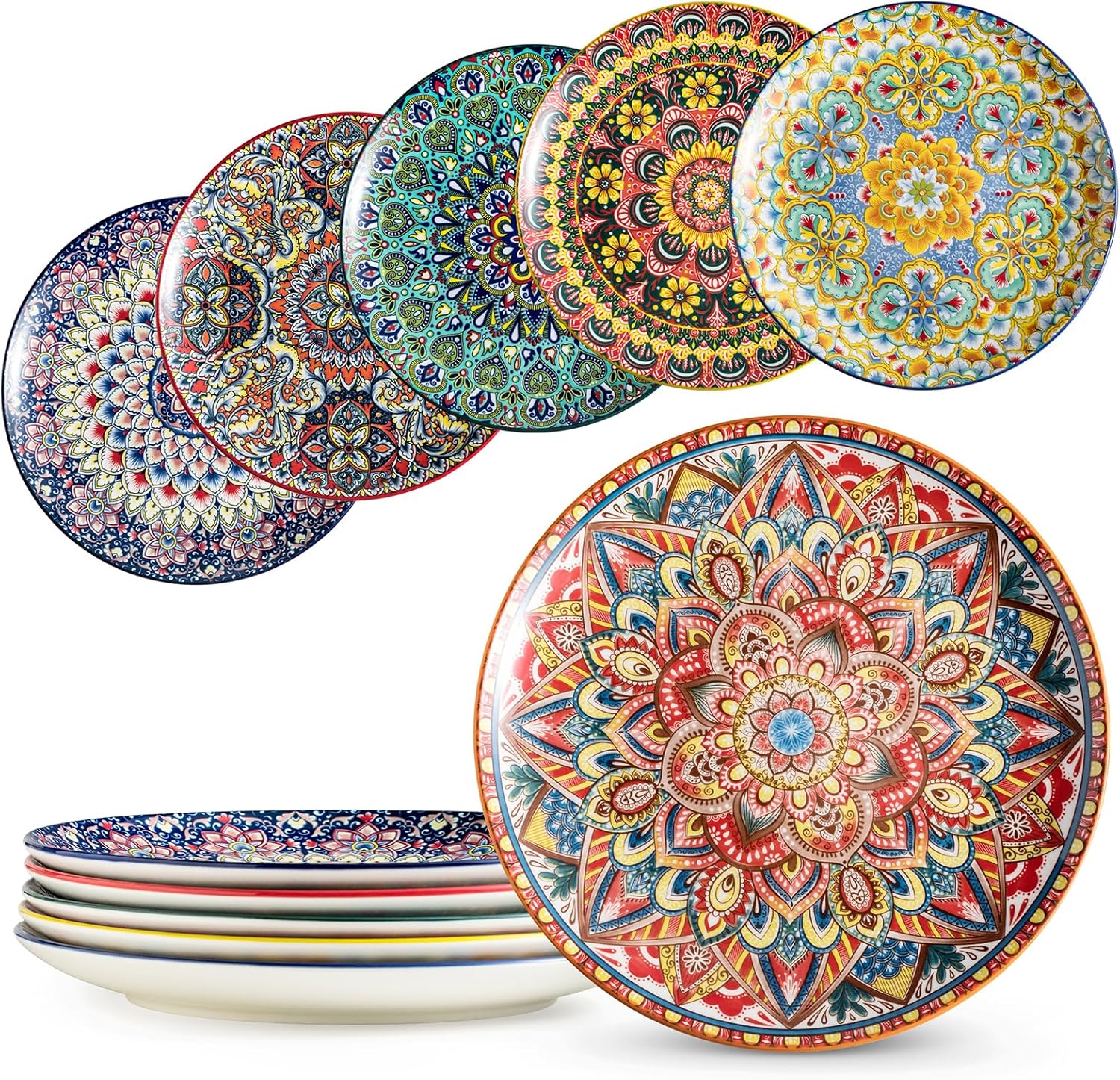 Dinner Plates set of 6, 10.5 Inch Large Dessert Salad Plates for Pasta, Steak, Snacks, Colorful Porcelain Serving Dishes for Kitchen & Party, Morden Dinnerware - Bohemian Style