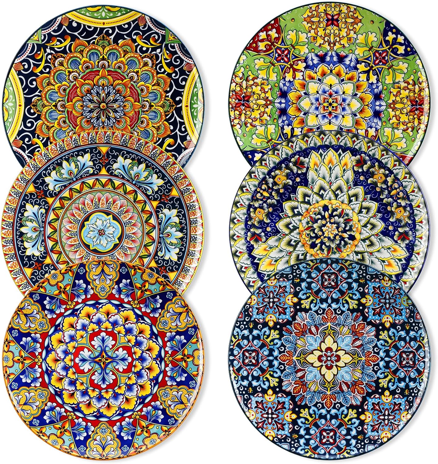 Dinner Plates Set of 6-10.5 Inch Ceramic Plates, Microwave, Oven and Dishwasher Safe, Colorful Bohemian Style Dishes for Kitchen